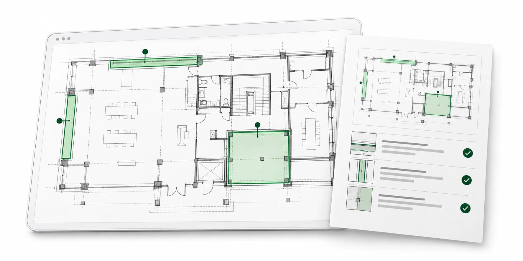 Illustration of a building floor plan with product areas marked in green beside an approved specification